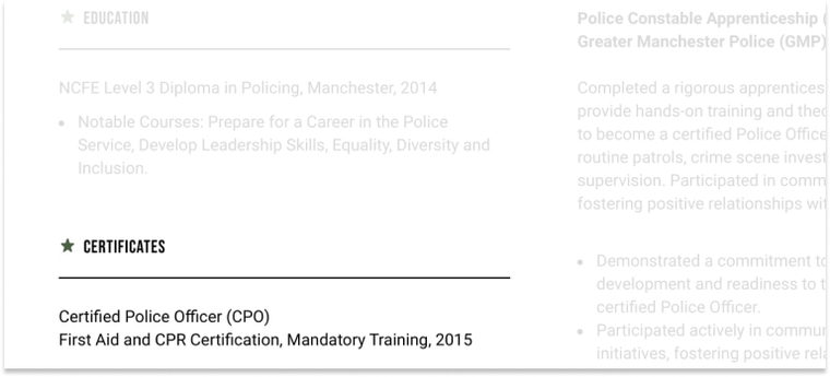 Police officer CV courses and certificates examples