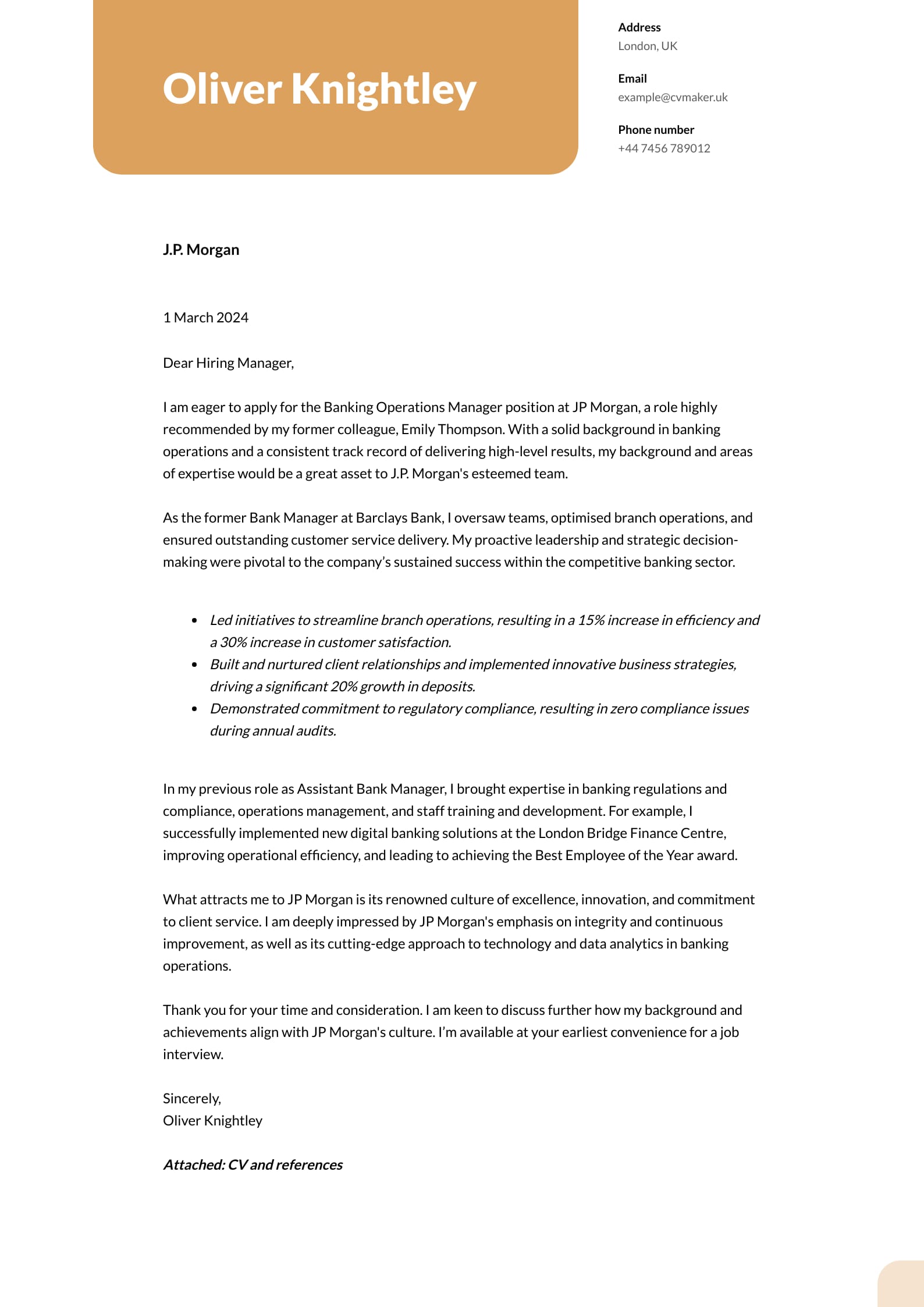 Cover Letter example - Banking - Columbia template
