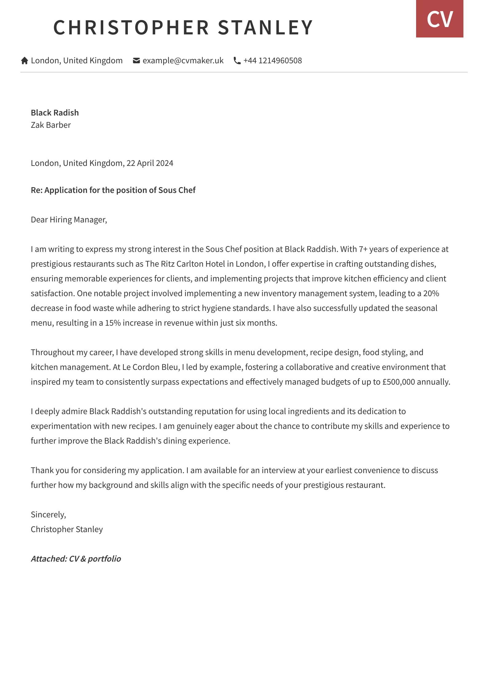 Cover Letter Example - Chef - Otago template