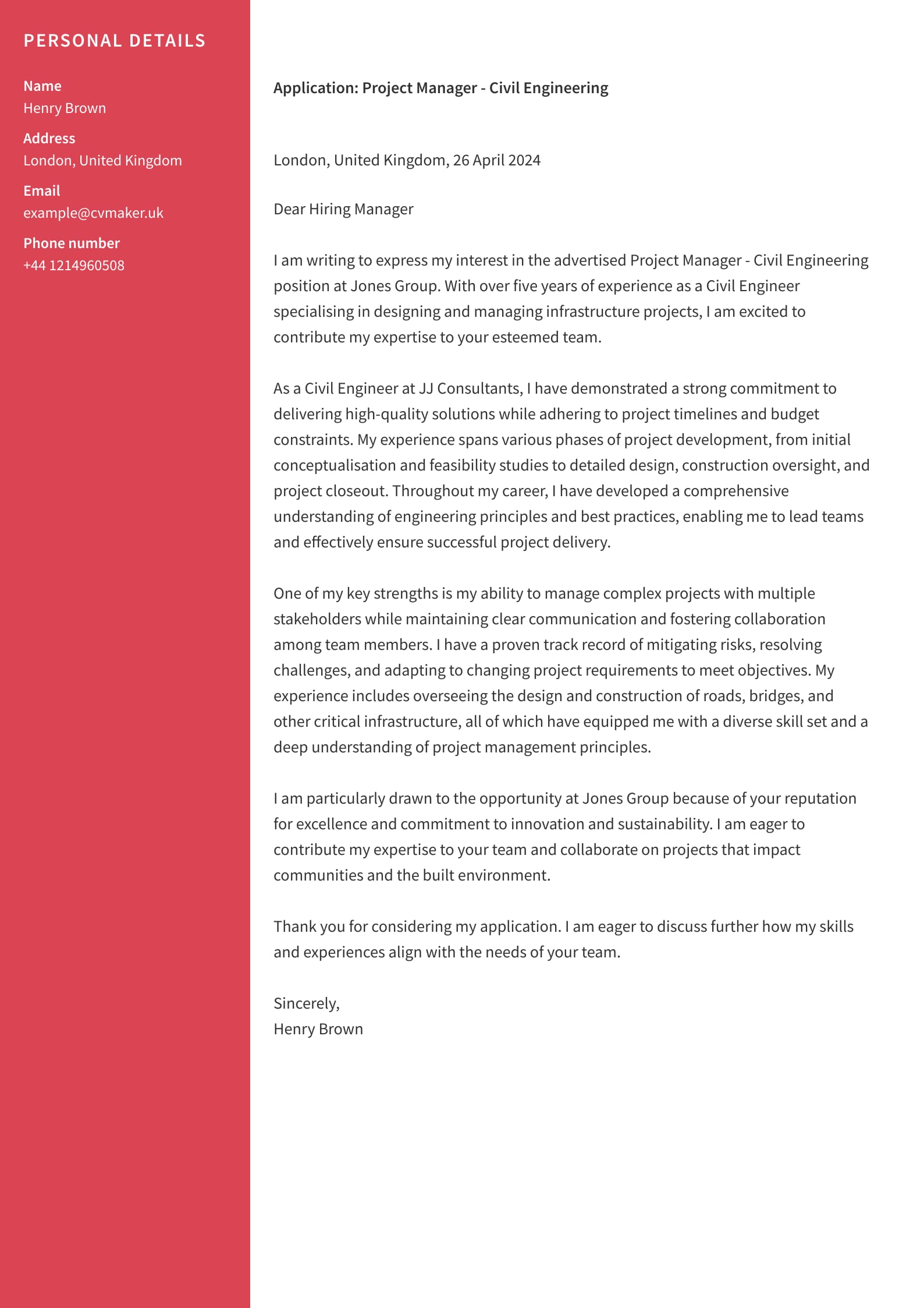Cover Letter Example - Civil Engineer - Harvard template
