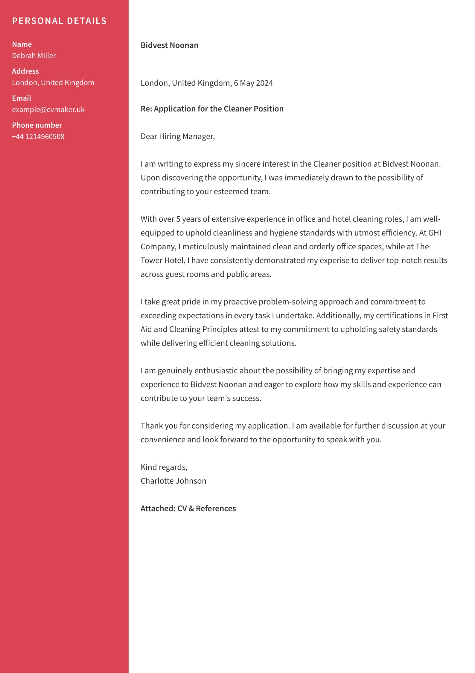 Cover letter example - Cleaner - Harvard template