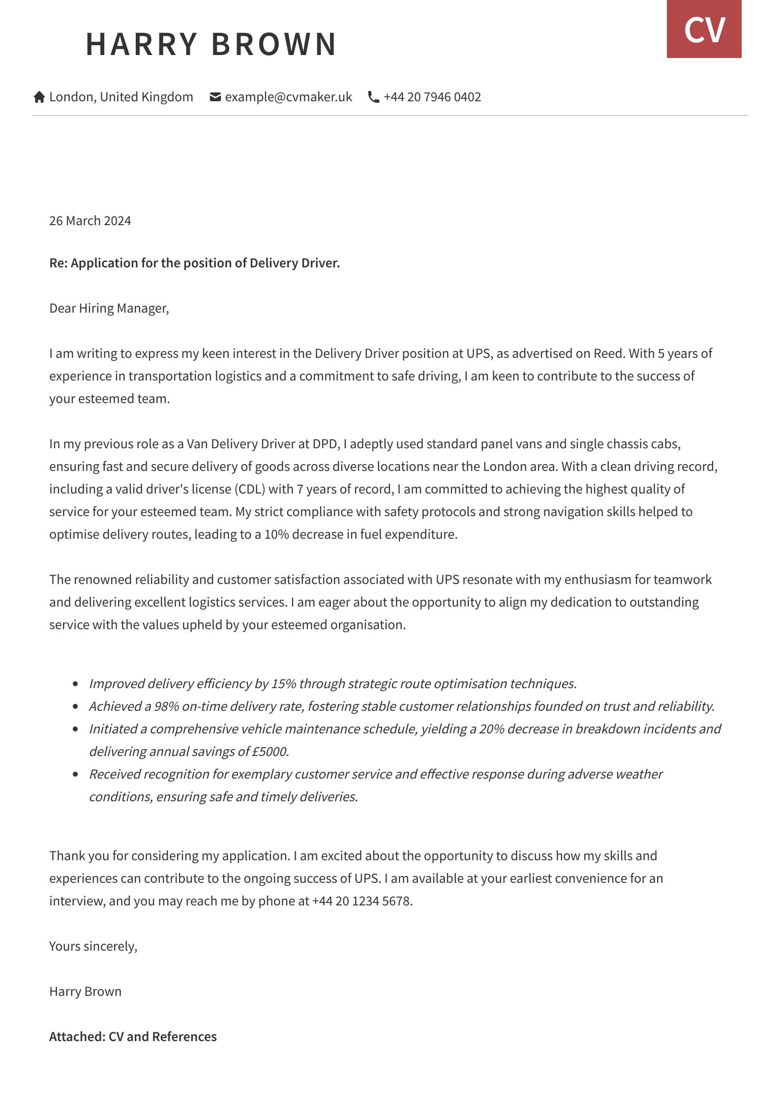 Cover letter example - Driver - Otago template