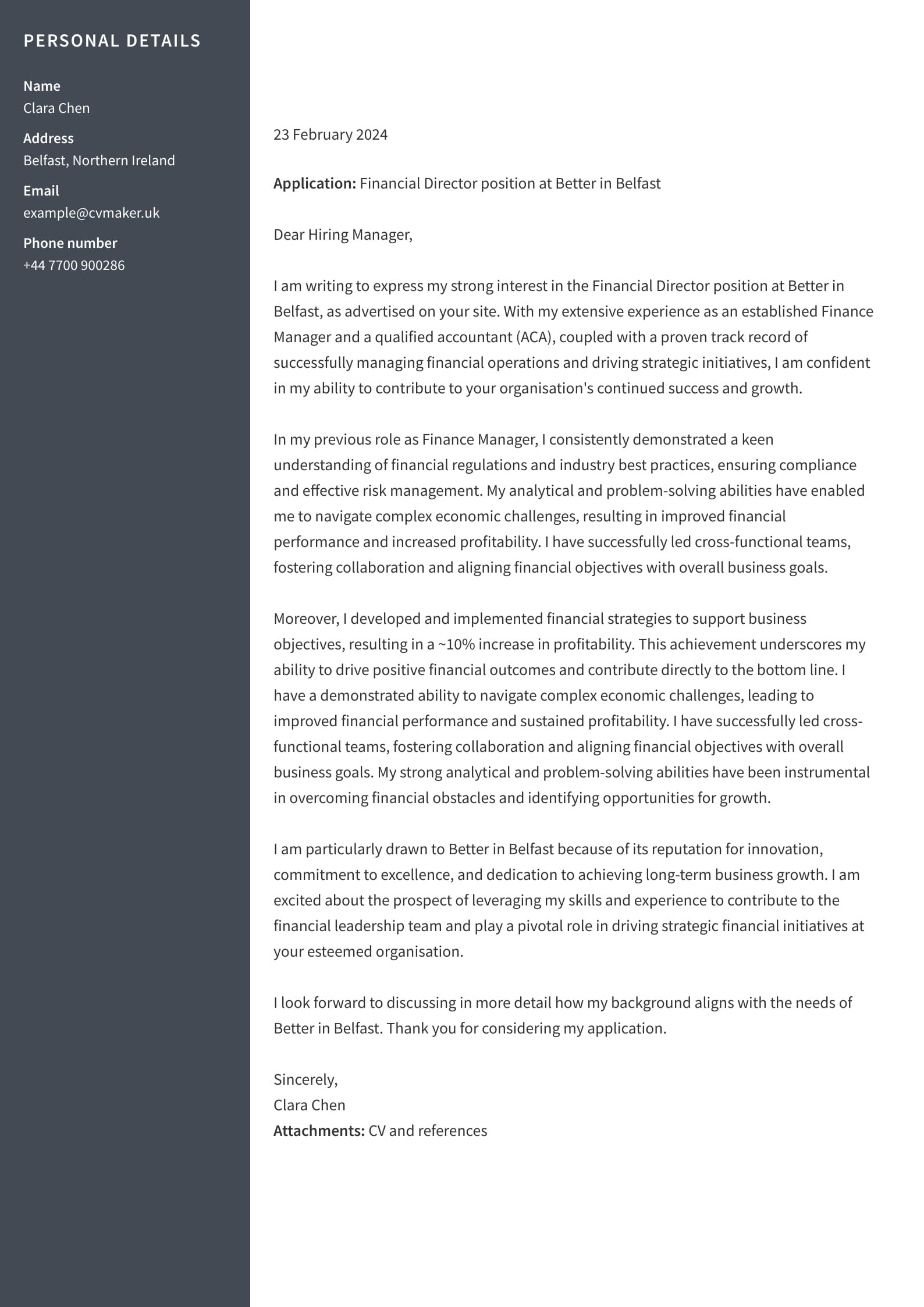 Cover Letter example - Finance - Harvard template 