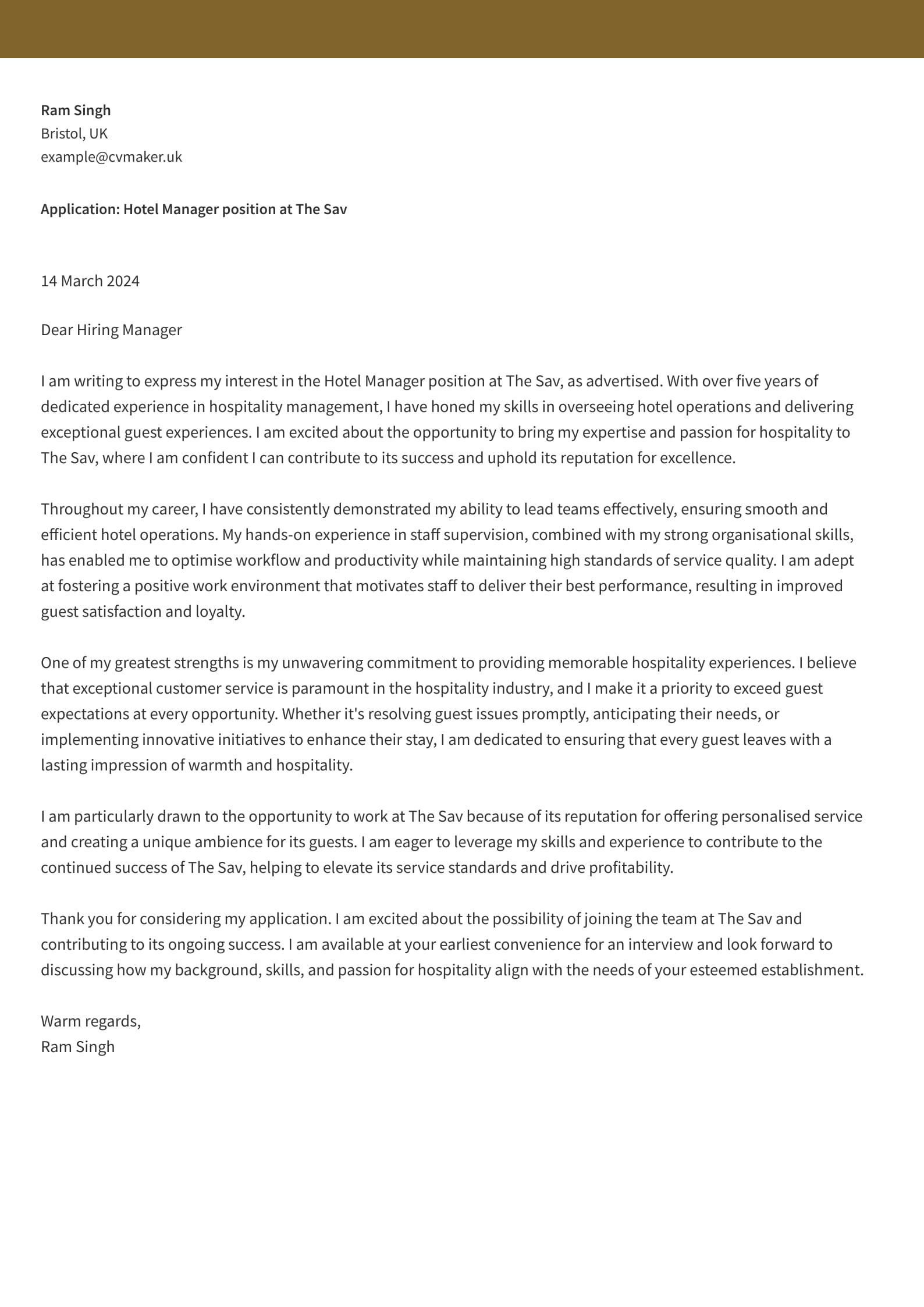 Cover Letter example - Hospitality - Cambridge template