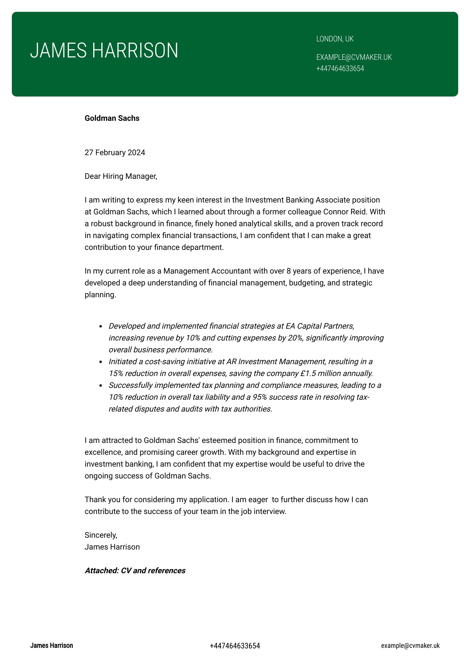 Cover Letter example - Investment Banking - Cornell template