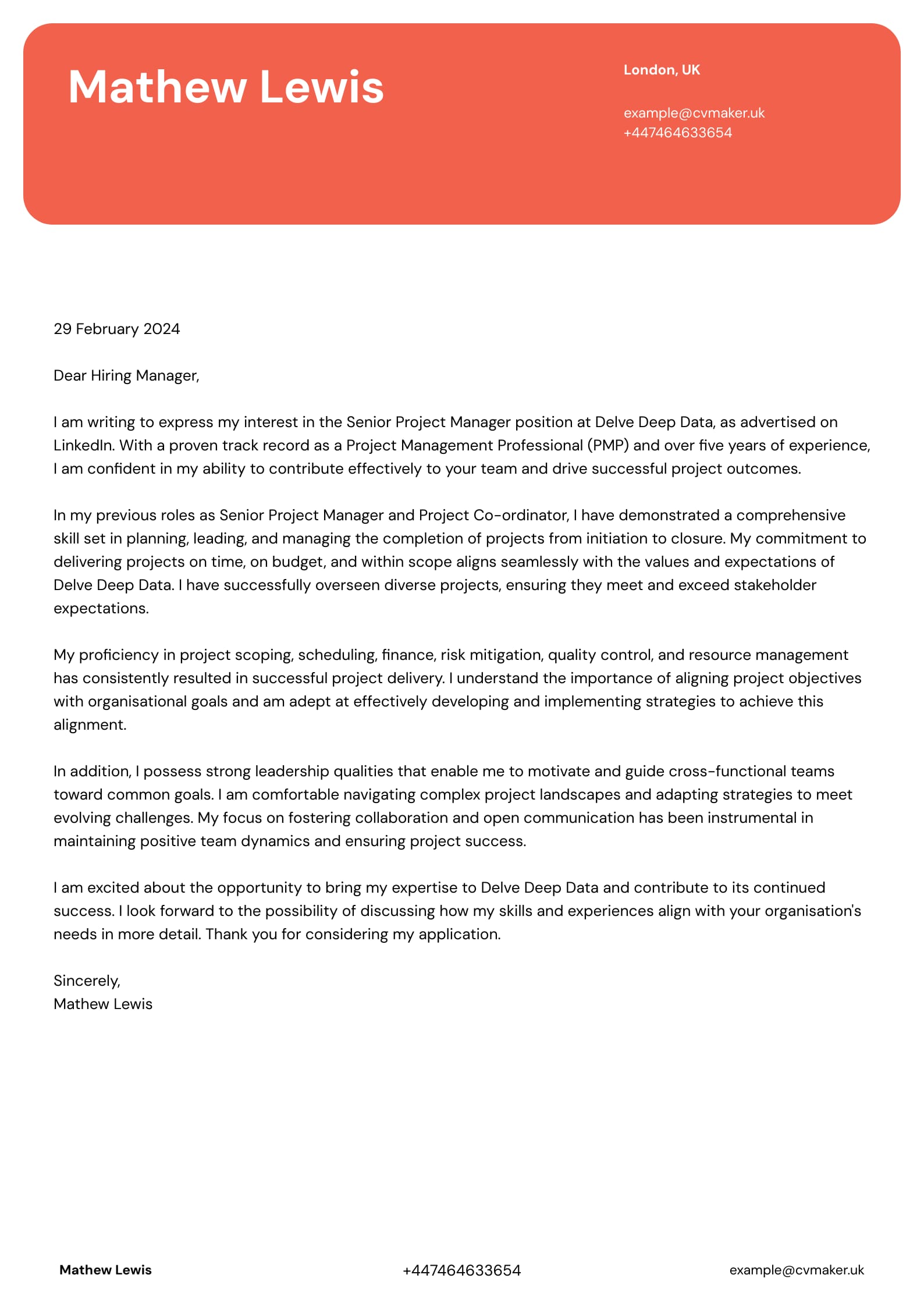 Cover Letter example - Project Manager - Erasmus template