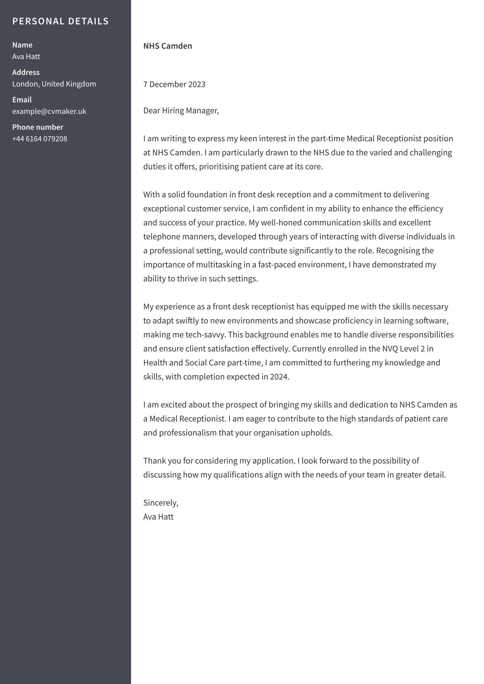 Cover Letter example - Receptionist - Harvard template