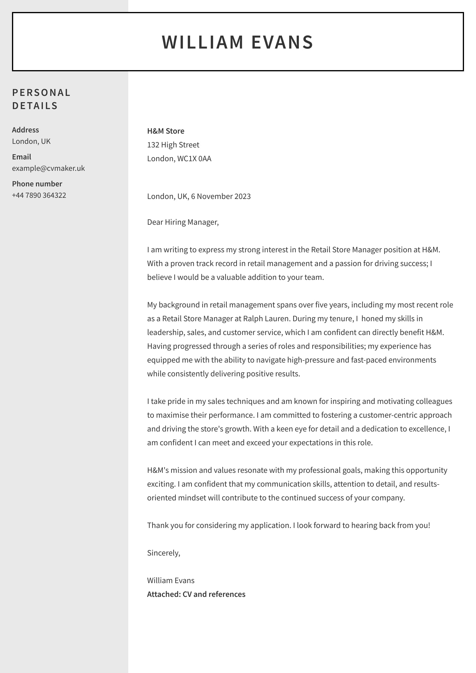Cover Letter example - Retail - Auckland template