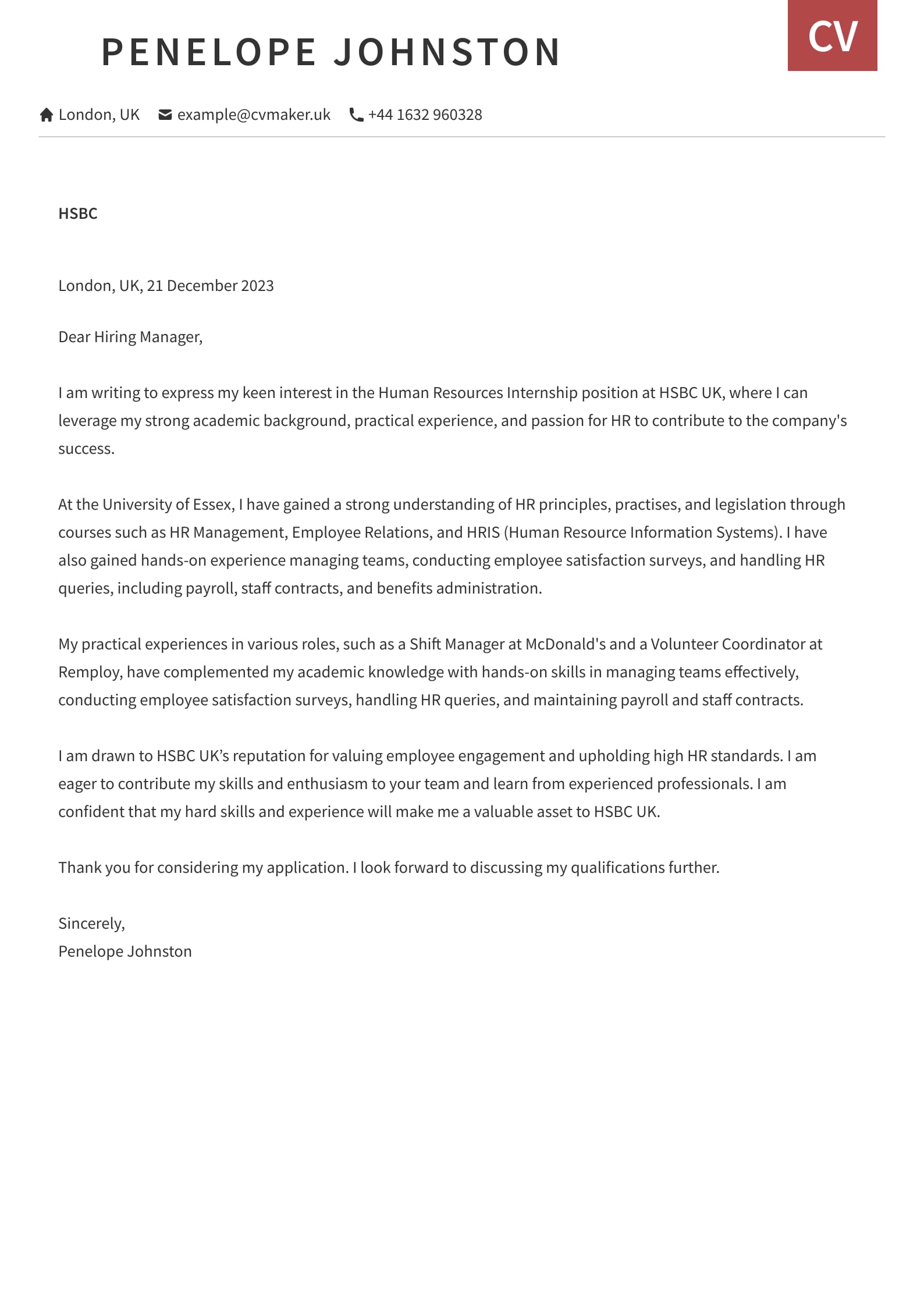Cover letter example - Student - Otago template