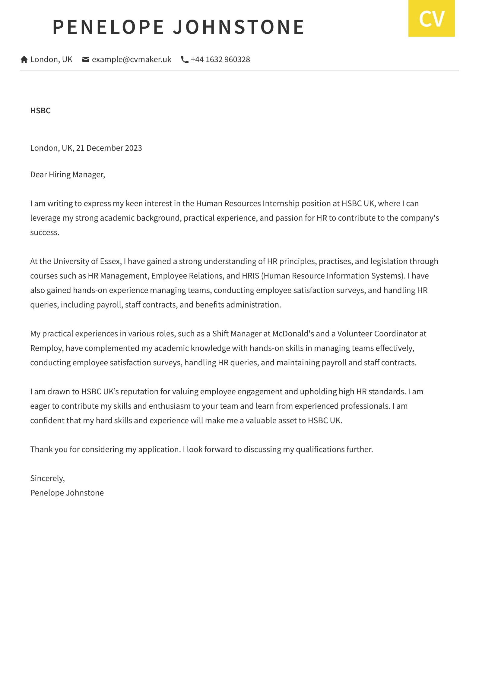 Cover letter example - Student - Otago template