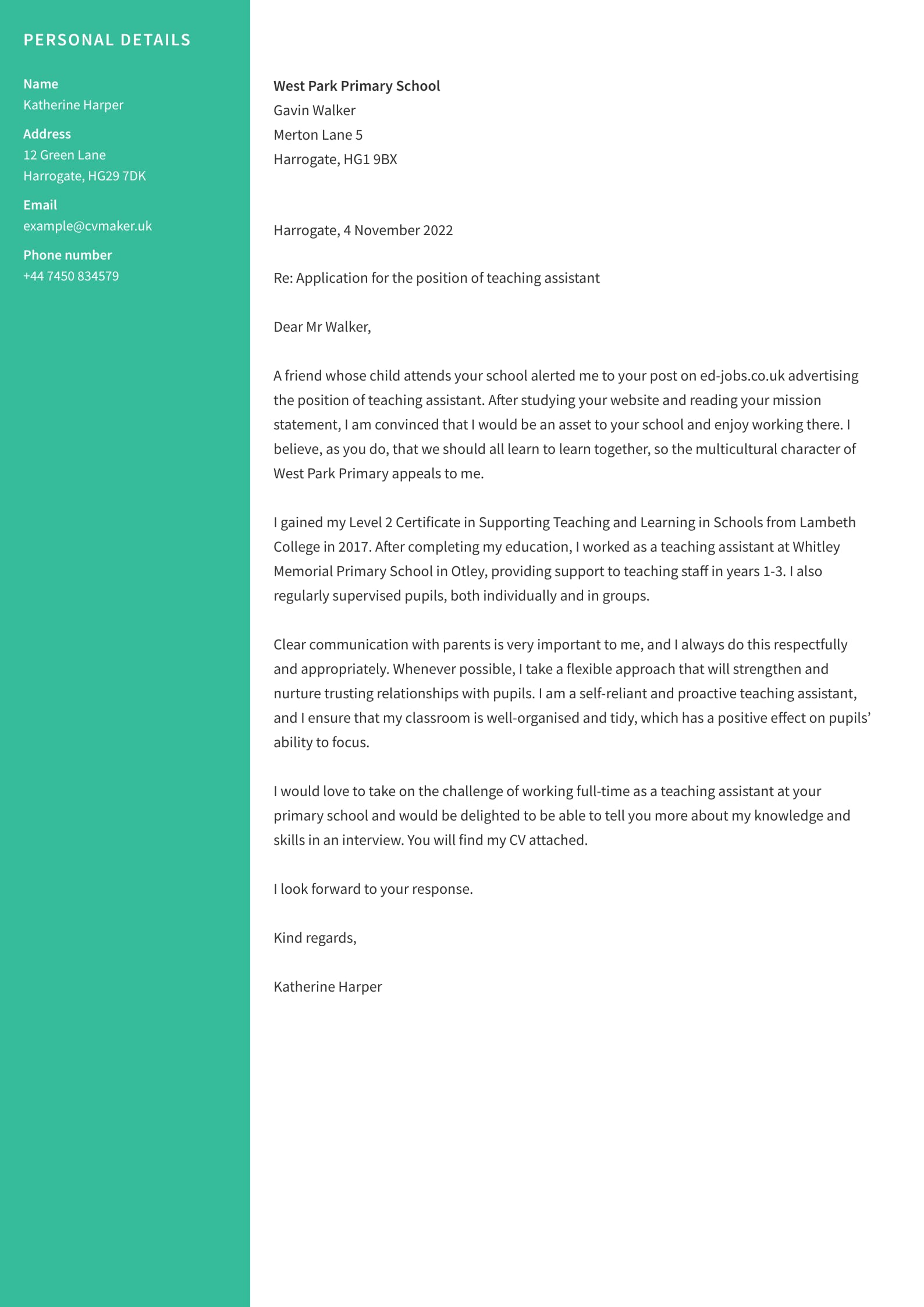 Teaching Assistant Cover Letter