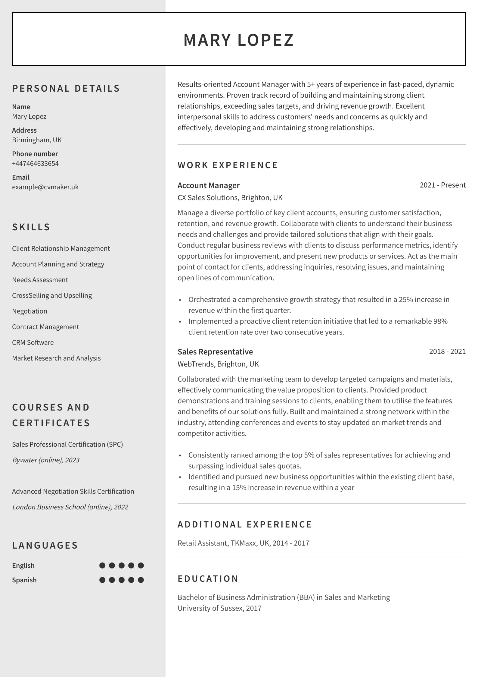 CV example - Account Manager - Auckland template