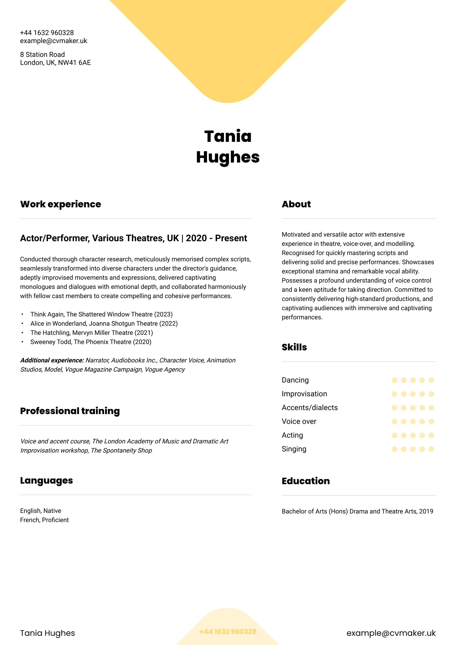 CV example - Actor - Yale template