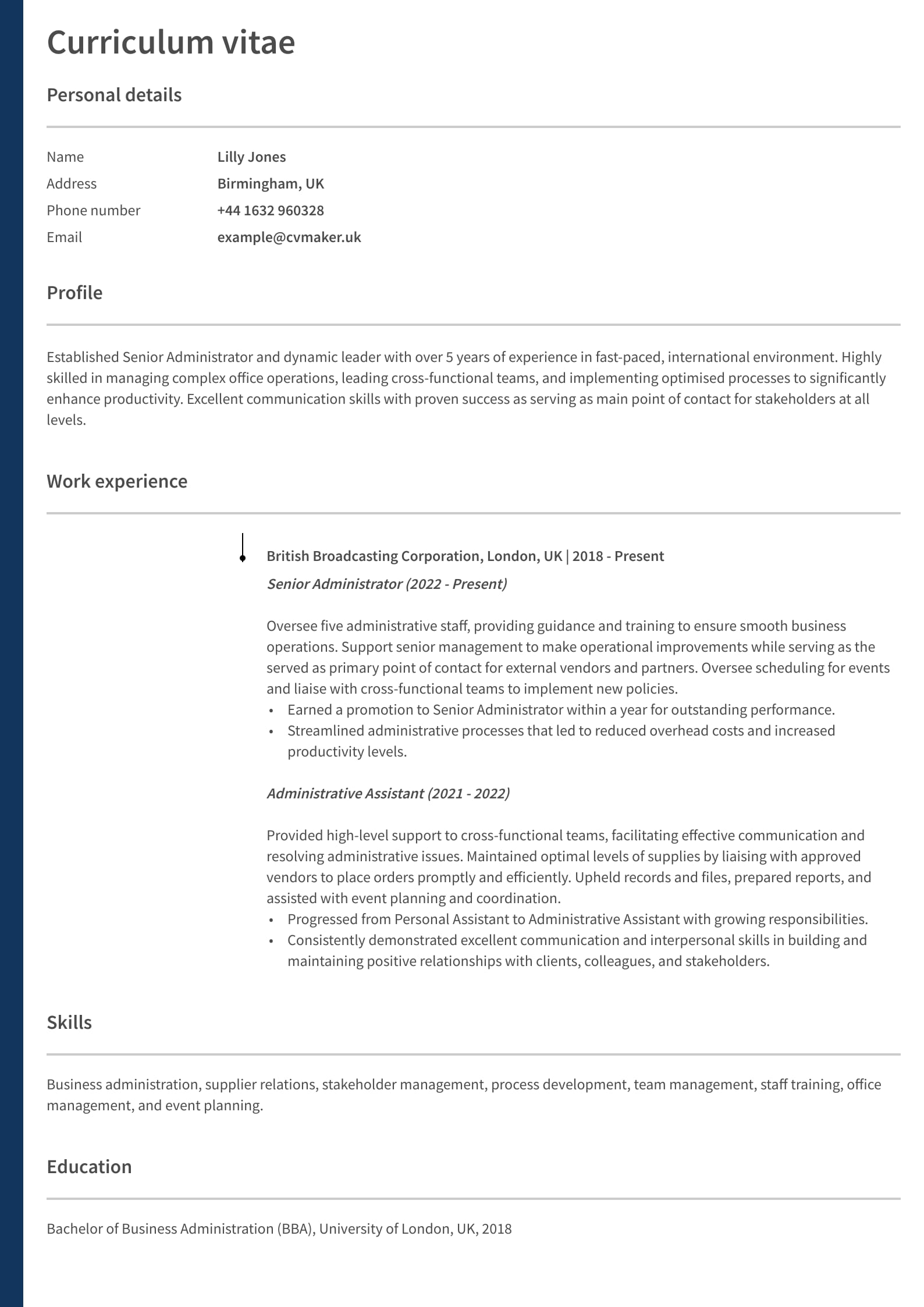 CV example - Administrator - Oxford template
