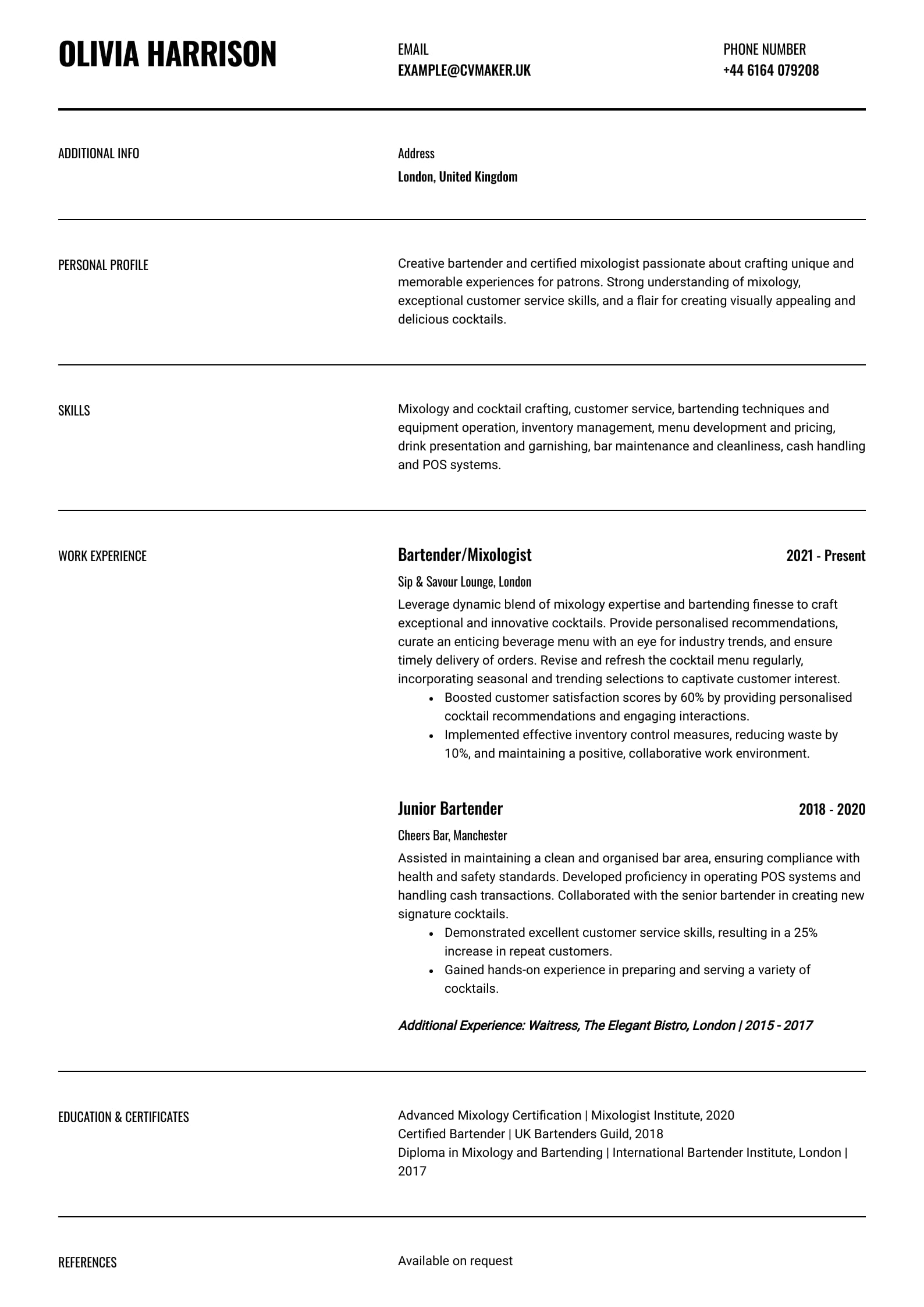 CV example - Bartender - Wisconsin template