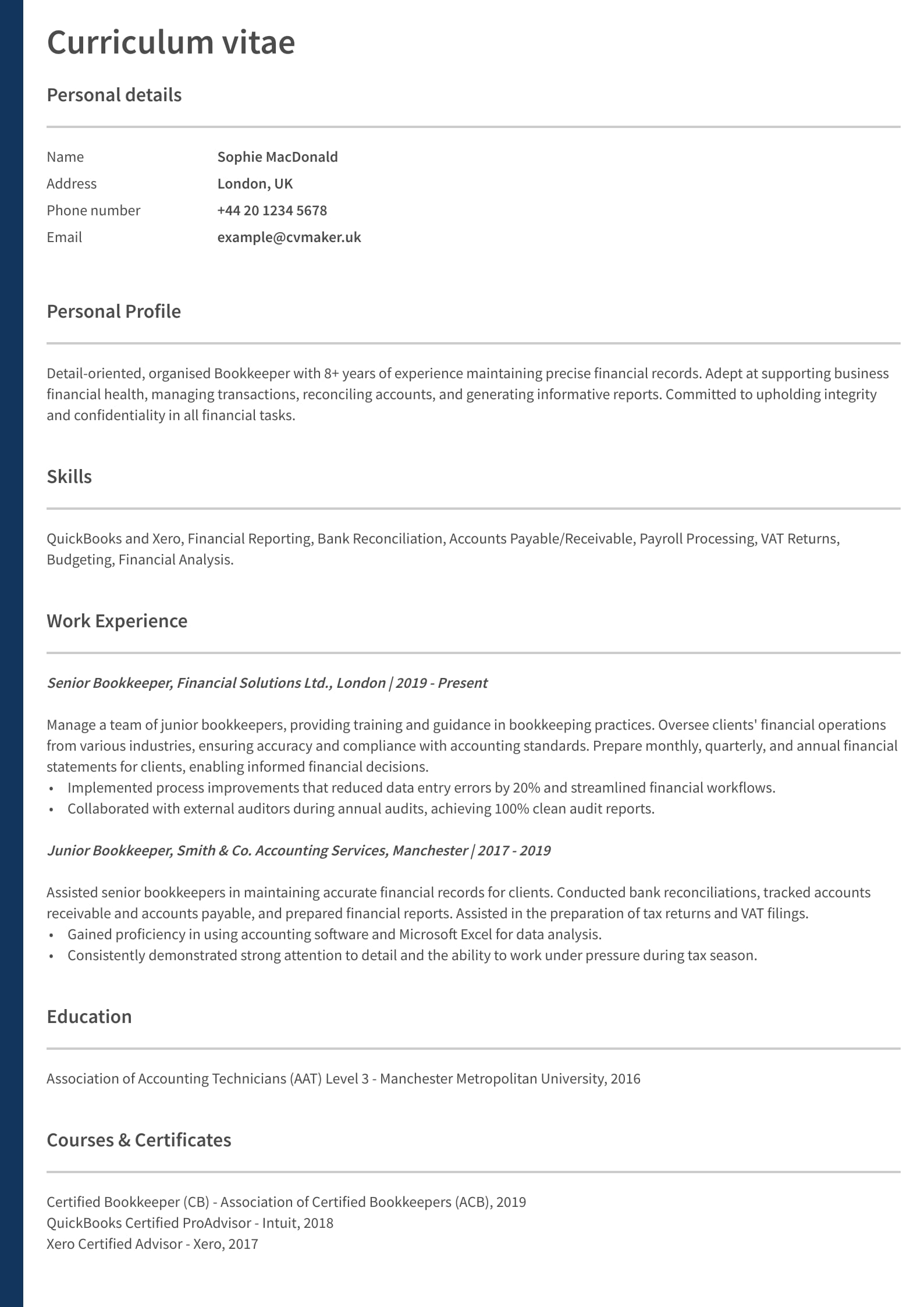 CV example - Bookkeeper - Oxford template