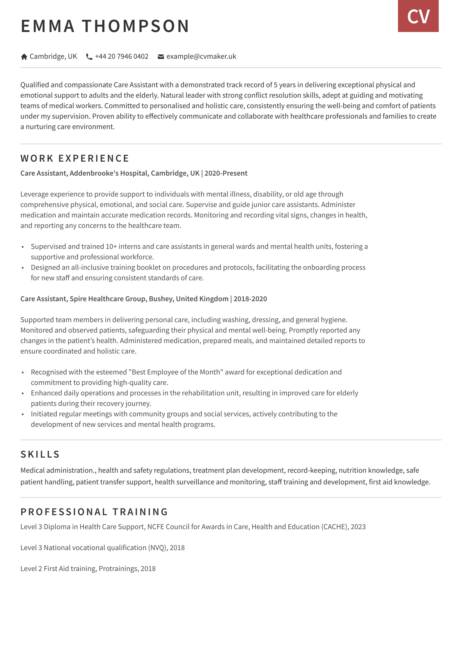 CV example - Care Assistant  - Otago template