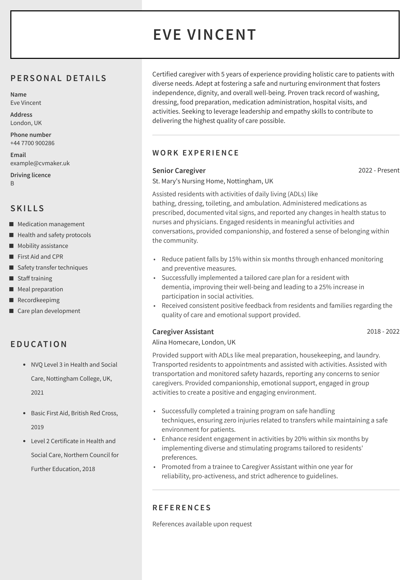 Caregiver CV template