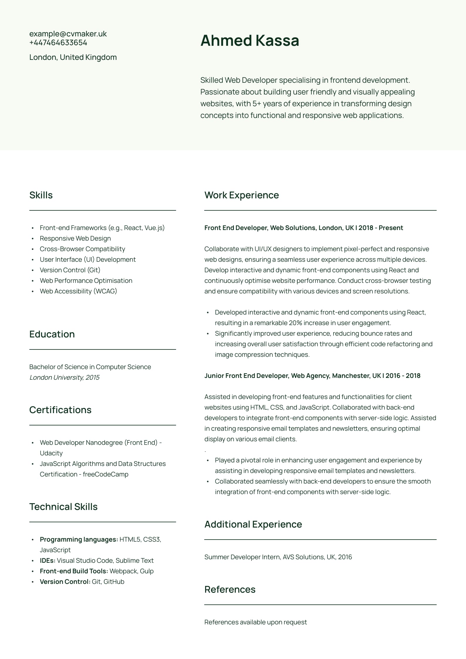 CV example - Developer - Wheaton template
