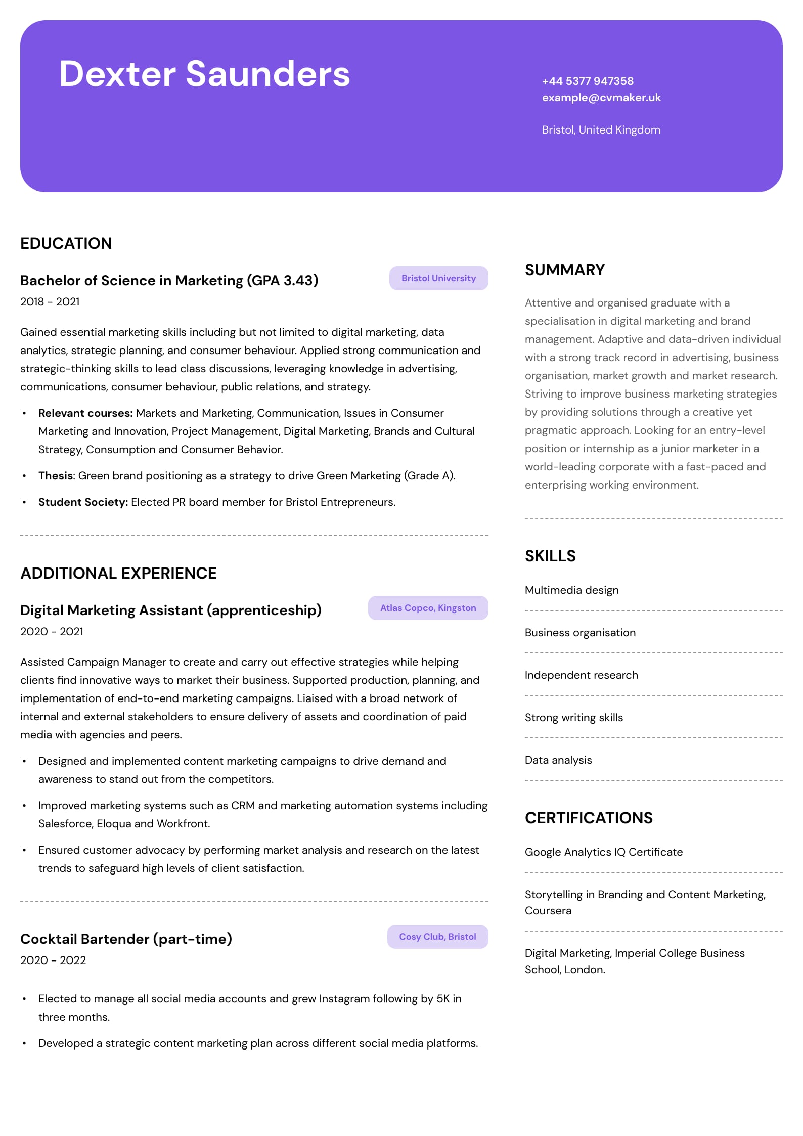 D﻿ownload this CV example - Graduate