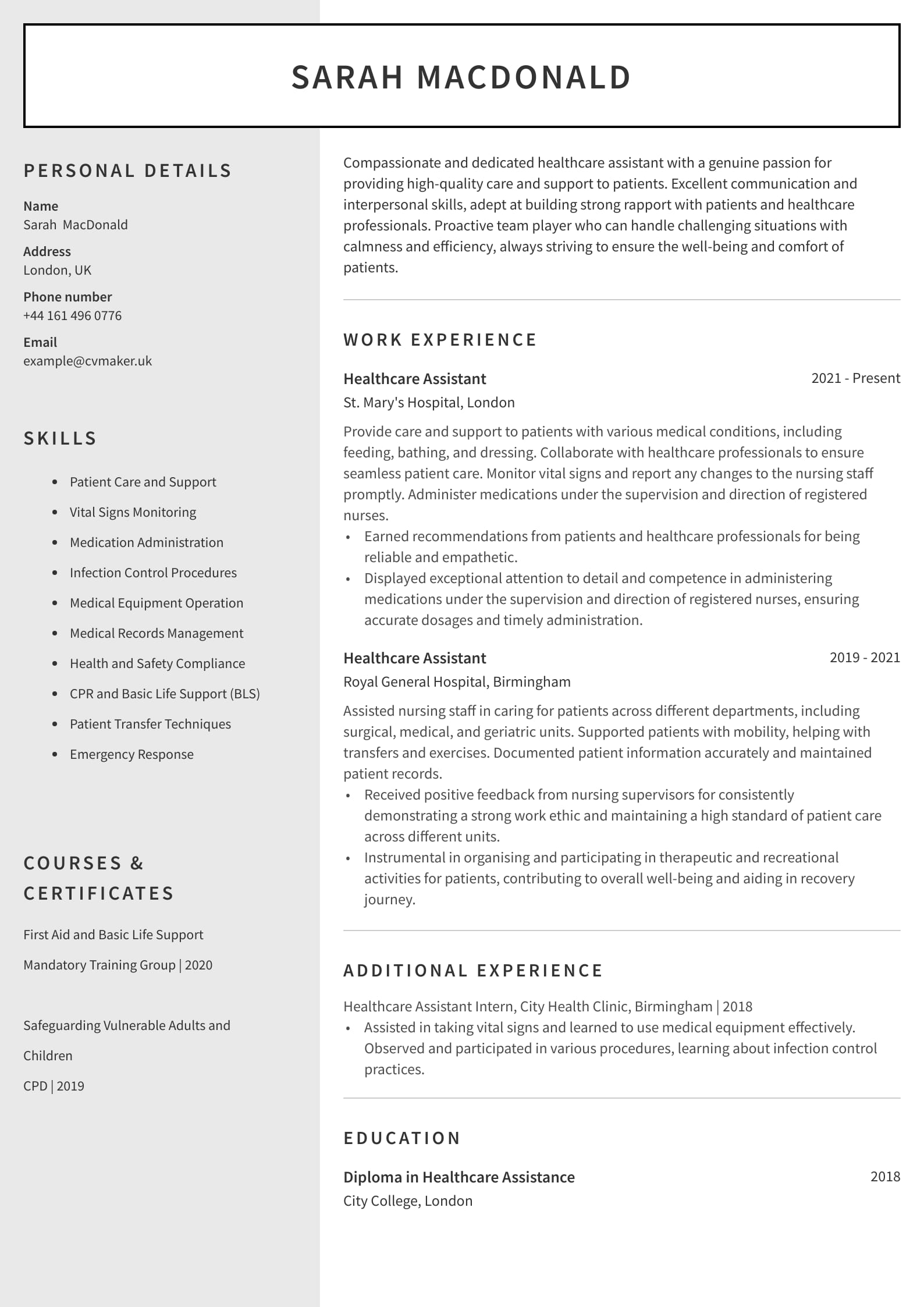CV example -  Healthcare - Auckland template