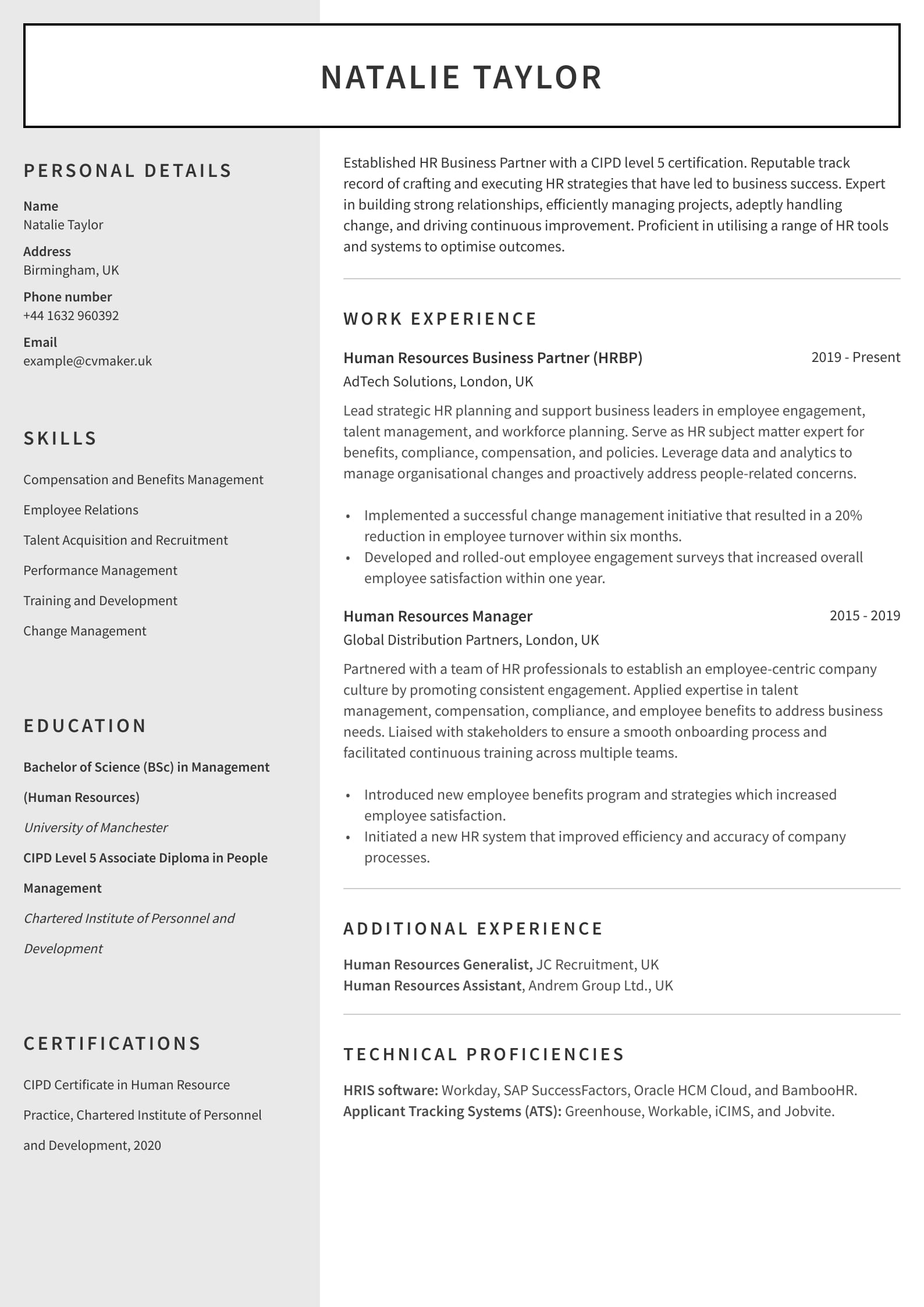CV example - Human Resources - Auckland template 