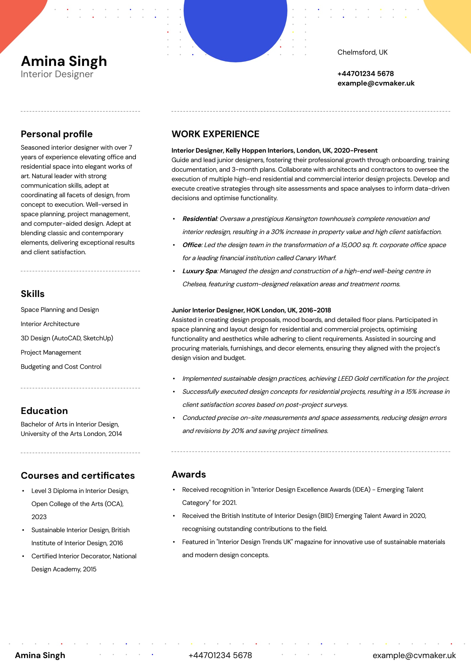 Interior Designer CV example - Hopkins template