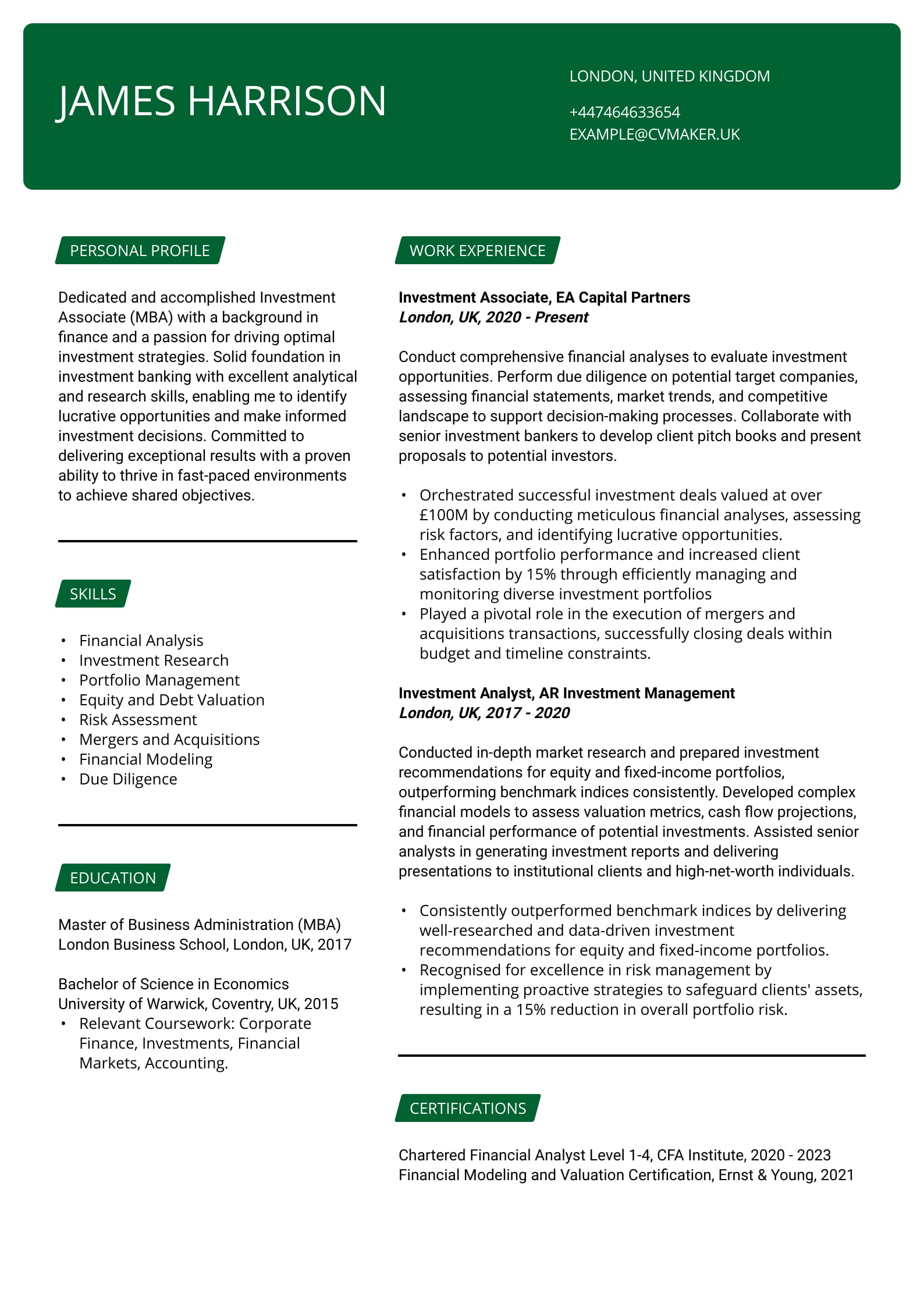 CV example - Investment Banking - Cornell template