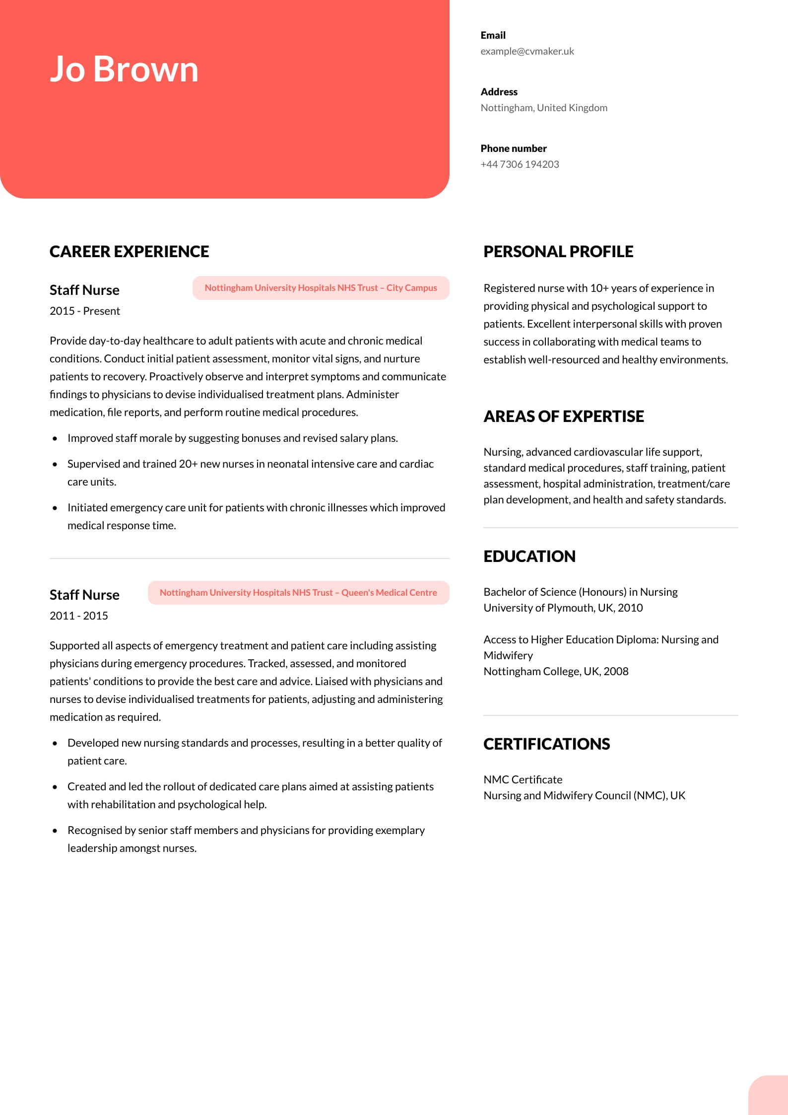 CV example - Nurse - Columbia template