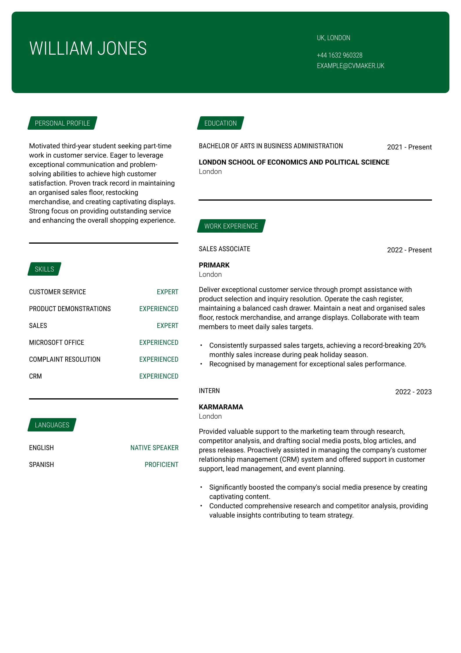 CV example - Part time - Cornell template