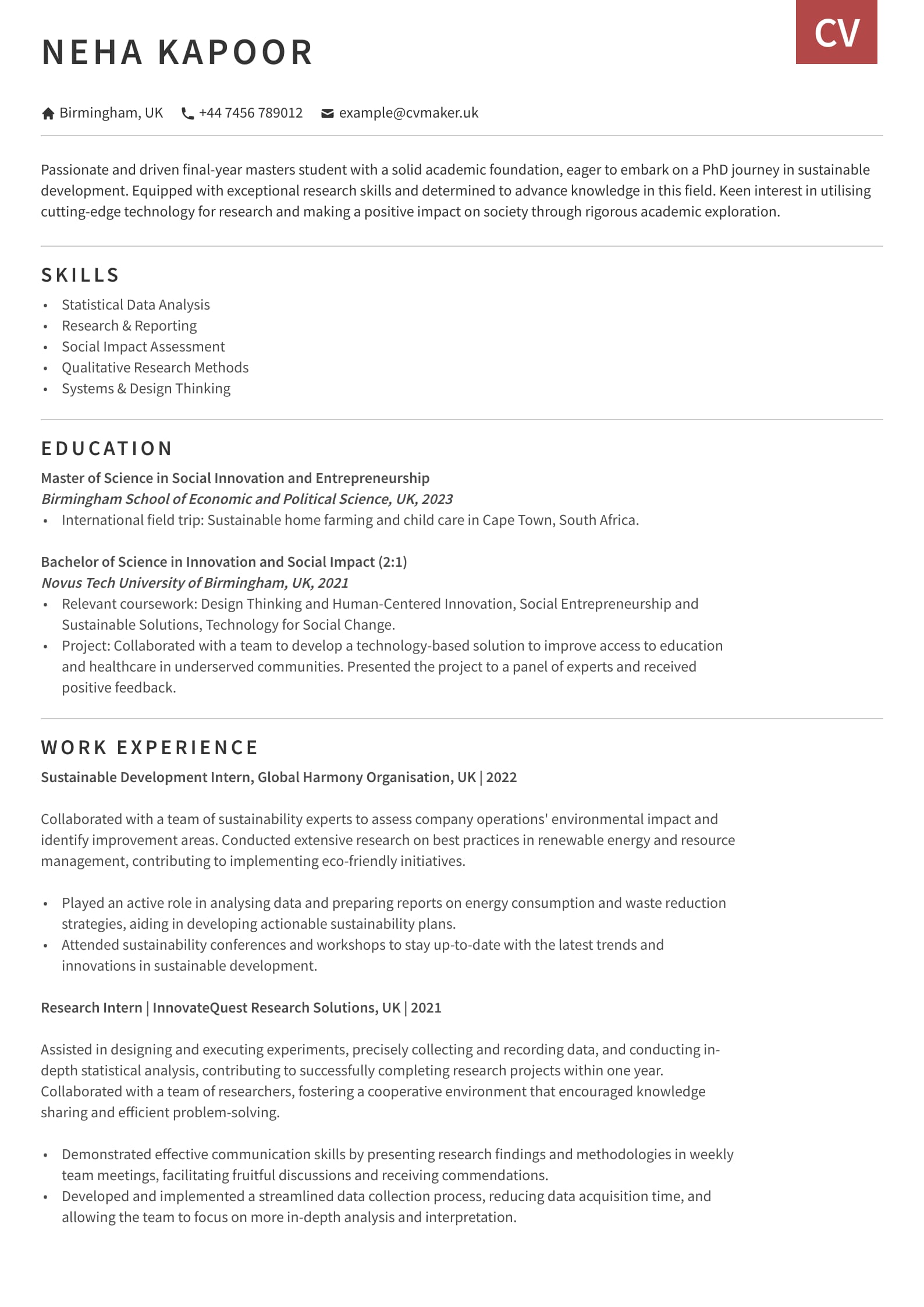 CV example - PhD - Otago template