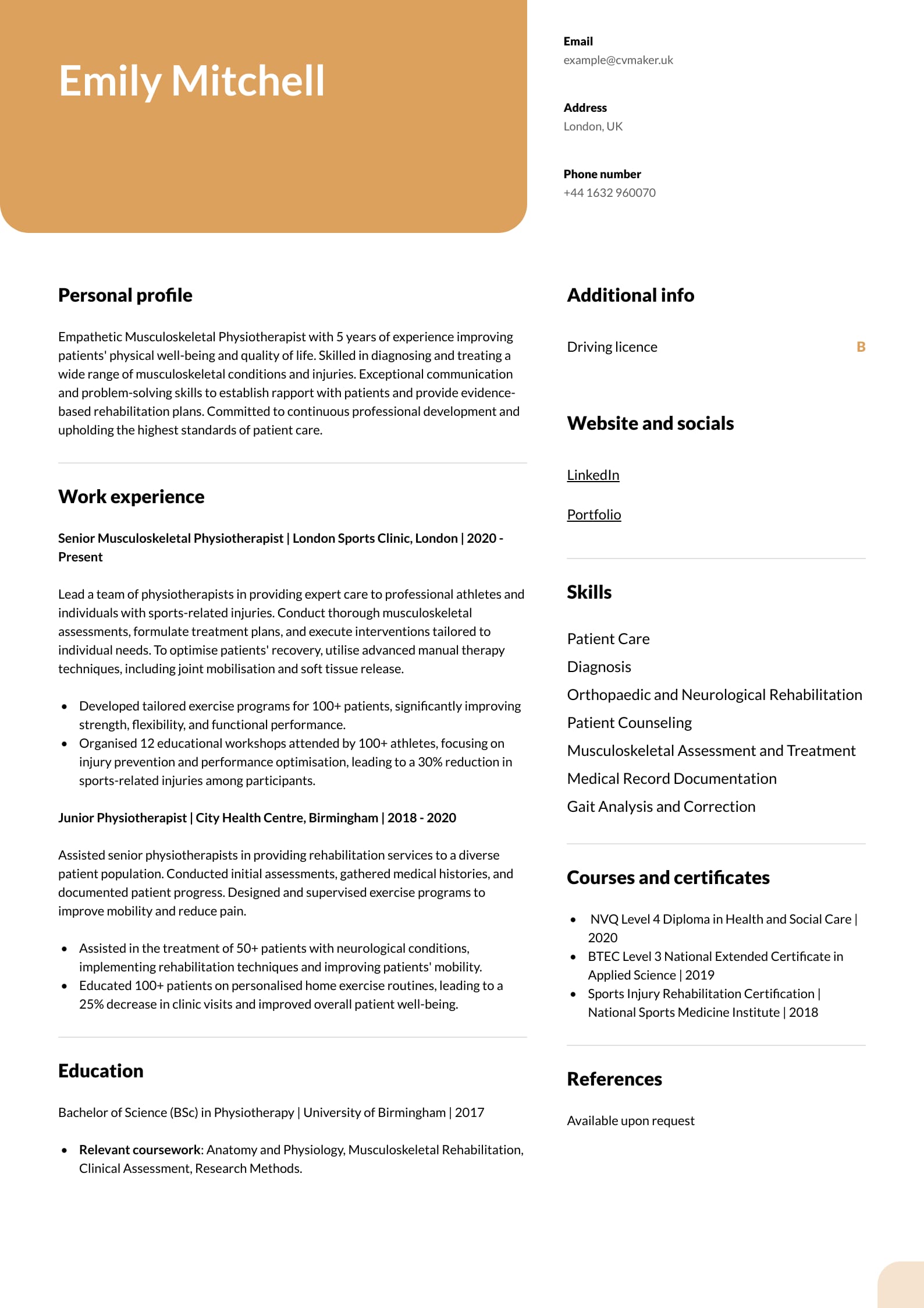 CV example -  Physiotherapist  - Columbia template