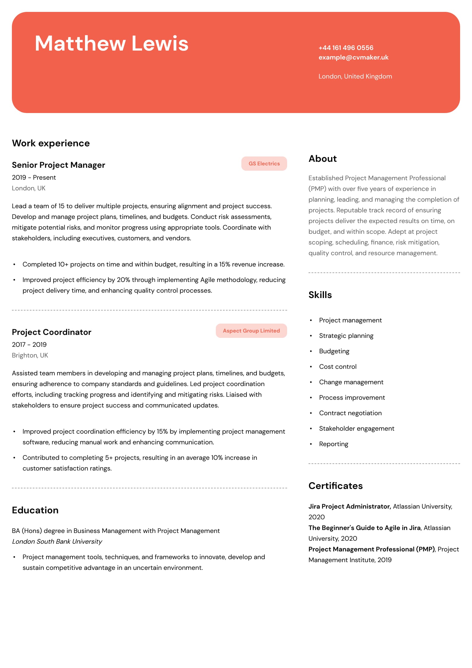 Project Manager CV example