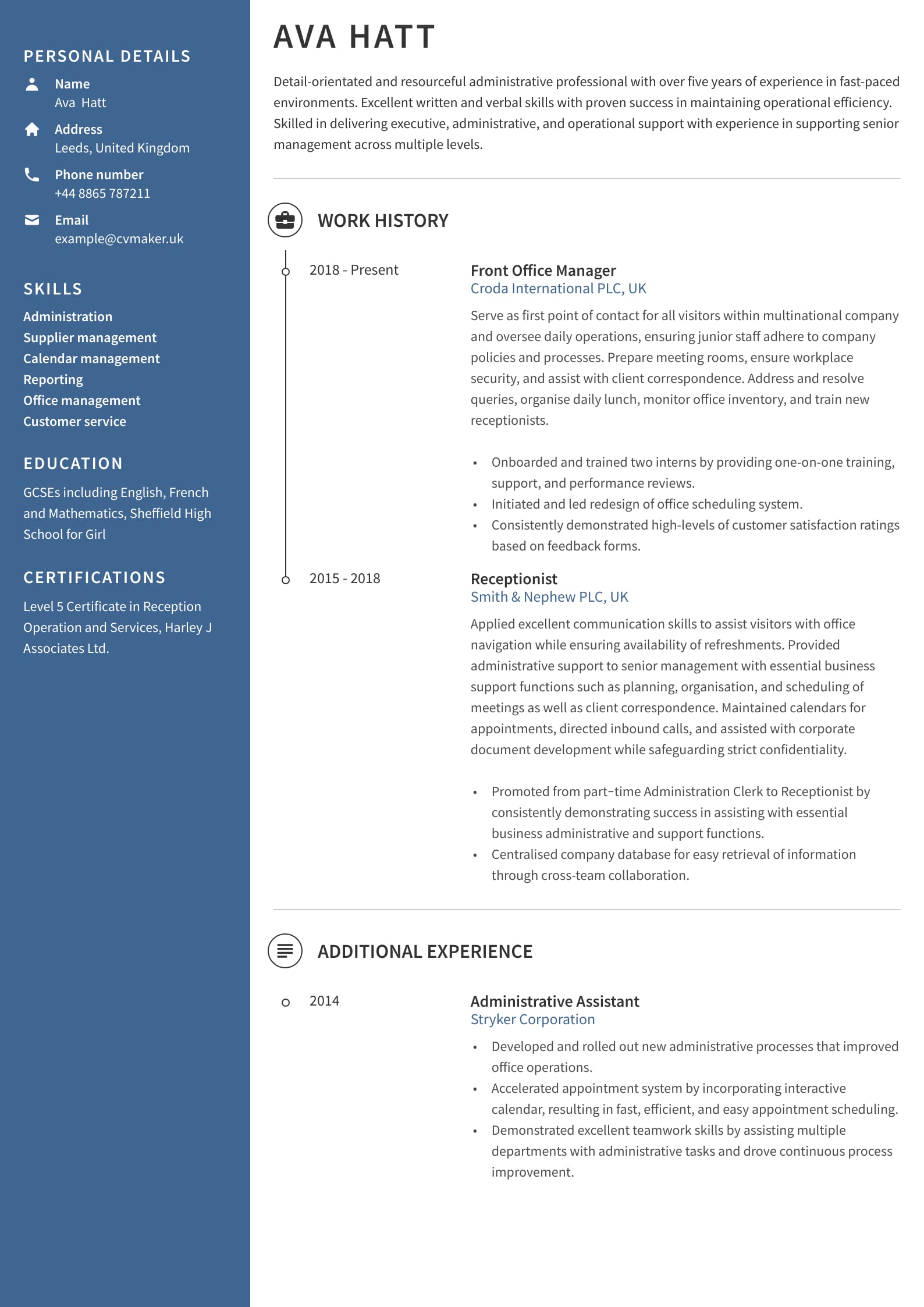 CV example - Receptionist - Harvard template