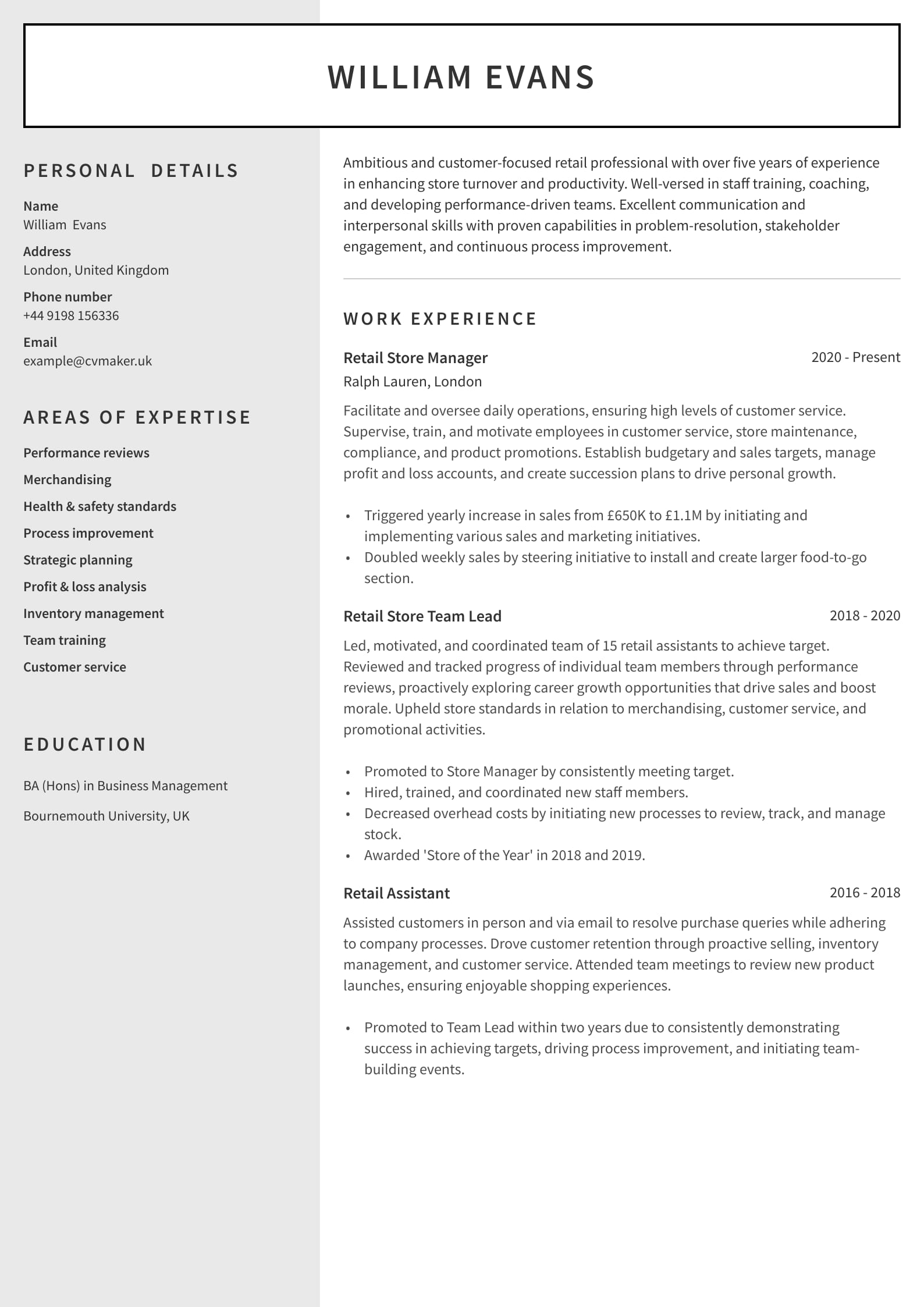 CV example - Retail - Auckland template