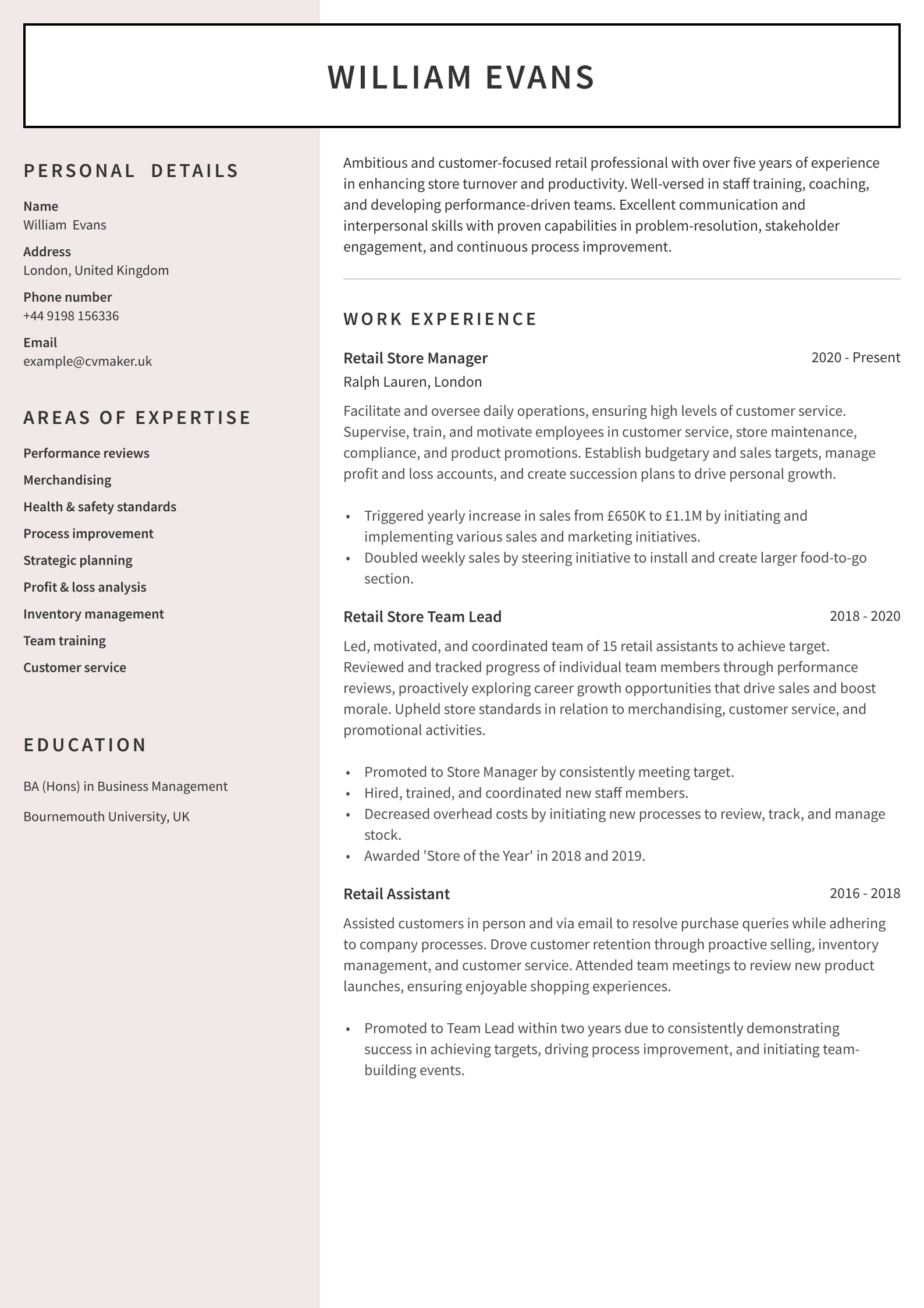 CV example - Retail - Auckland template
