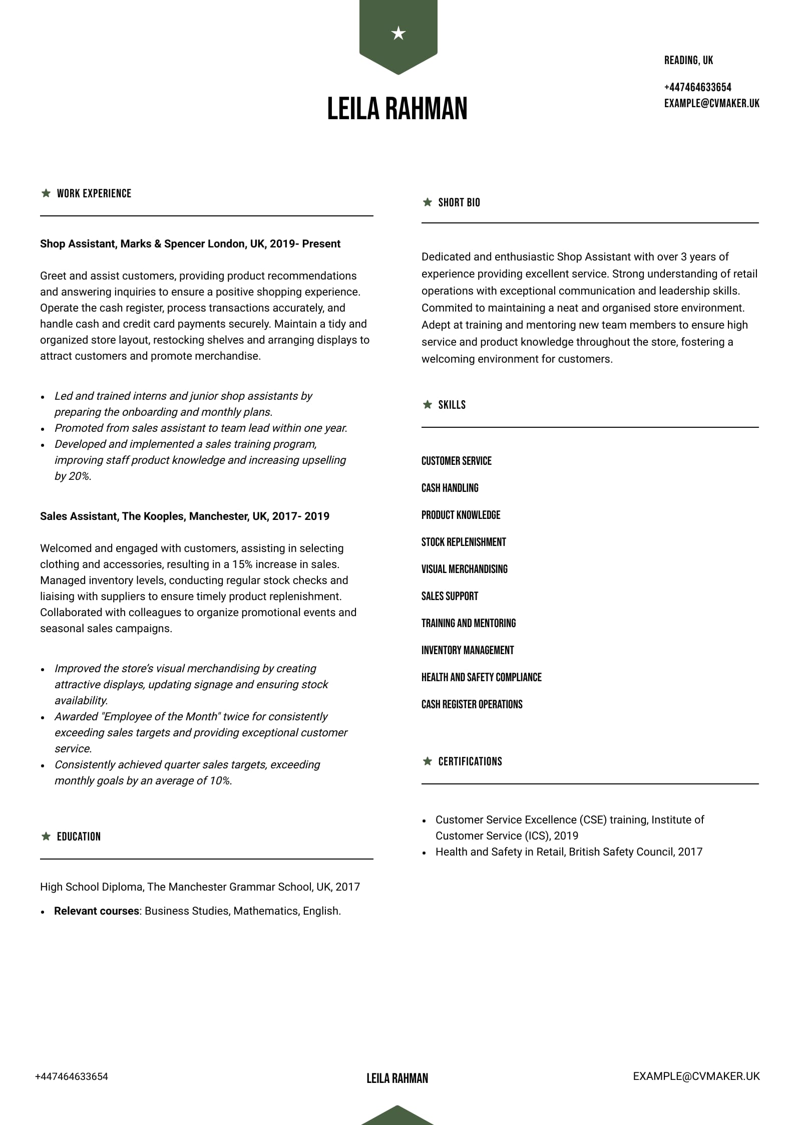 CV example - Shop Assistant  - Peking template
