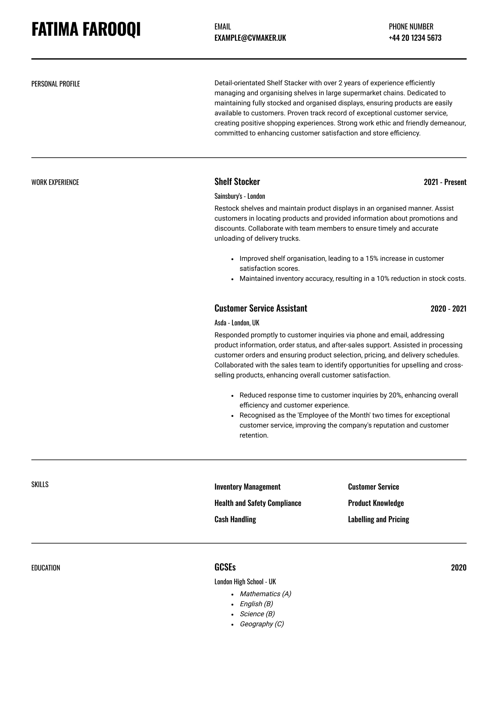 CV example - Shop Assistant  - Wisconsin template