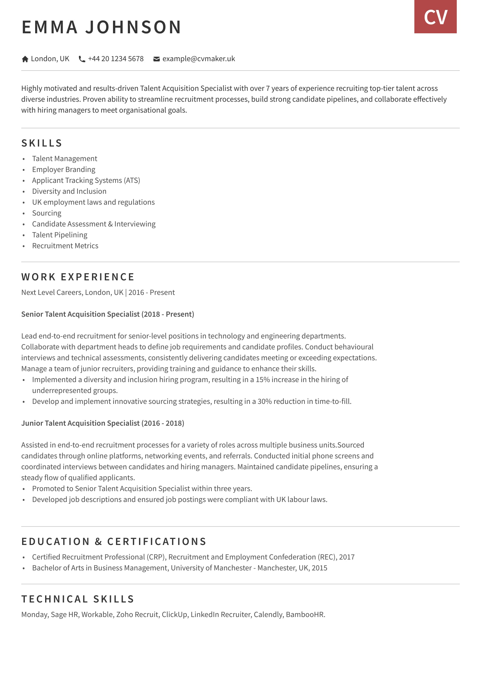 CV example - Talent Acquisition - Otago template