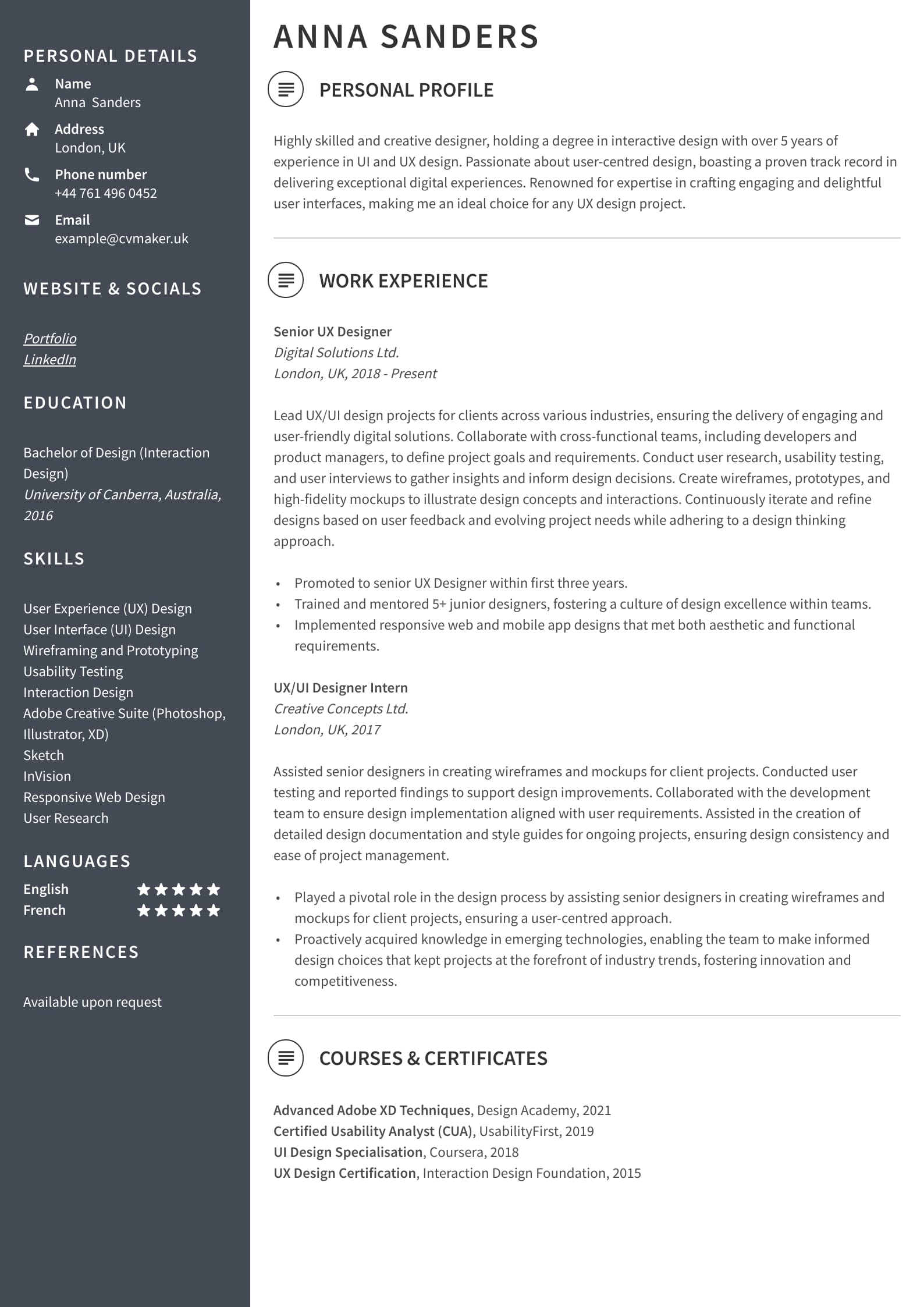 UI/UX Designer CV Example