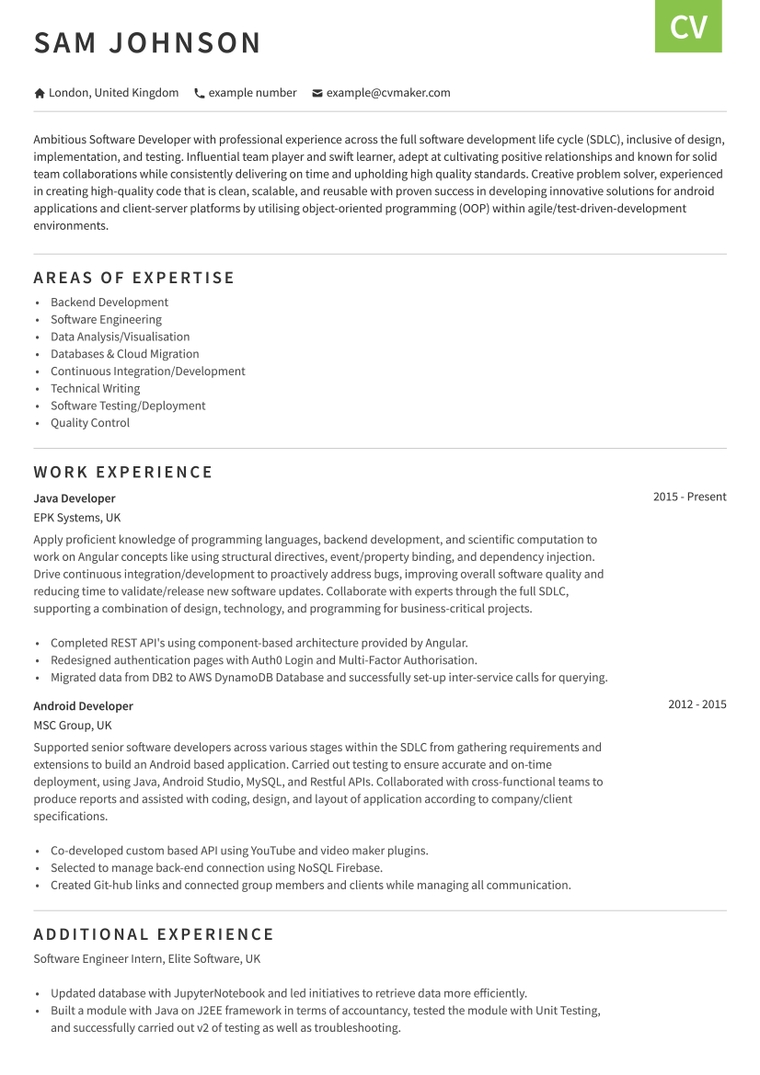 Example CV for a developer UK - Including: Work experience, Addtional experience, Areas of expertise and a profile summary or also known as Professional profile. 