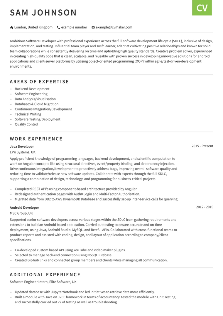 Example CV for a developer UK Example CV for a developer UK - Including: Work experience, Addtional experience, Areas of expertise and a profile summary or also known as Professional profile.
