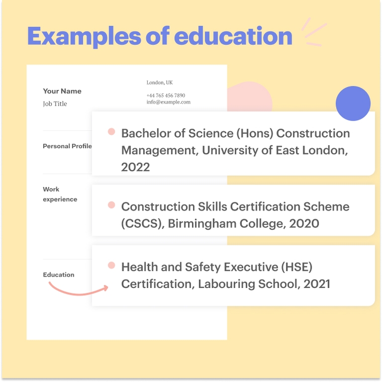 Construction CV Education Examples
