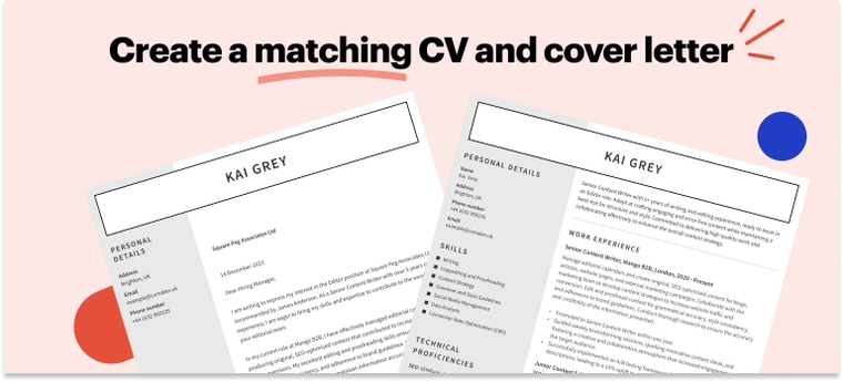 matching writer CV and cover letter example