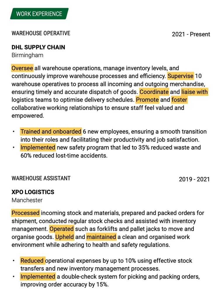 ATS-friendly  Warehouse CV example