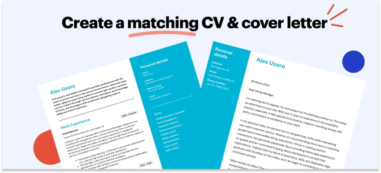 Waiter/Waitress cover letter example and matching CV 