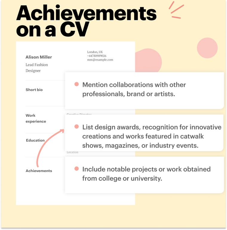 Achievements on Fashion designer CV