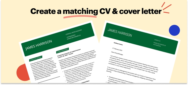 Investment banking matching CV and cover letter example