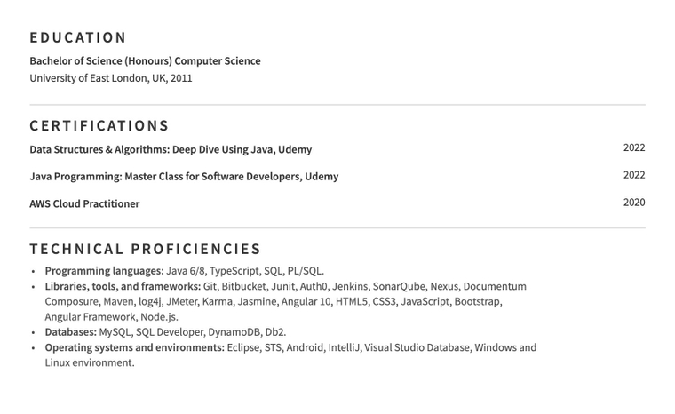 Example CV for a developer UK - Including: Education, certifications and technical proficiencies