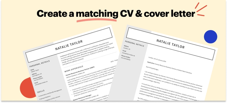 matching HR CV and cover letter example